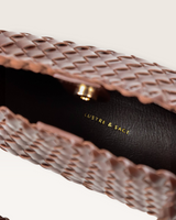 House of Holabox Roselle woven brown shoulder bag showing interior detail with gold embossed Lustre & Sage branding