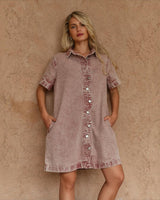 House of Holabox Pepe Wave mini denim dress in rusty red with a collared neckline and curved button-through placket