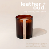 House of Holabox saide. large amber glass soy candle with a wood wick and clove and sandalwood label