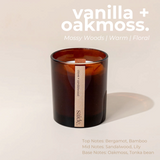 House of Holabox saide. large amber glass soy candle with a wood wick and minimalist label on a neutral background