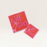 House of Holabox Salty Melon Prints square mini greeting cards featuring a pink and orange Cin Cin champagne design