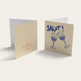 House of Holabox Salty Melon Prints mini square greeting card featuring a blue Salut toast illustration on recycled card