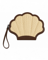 House of Holabox Odette shell-shaped clutch in natural woven straw with brown leather trim and wrist strap