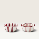 House of Holabox Ecology Porto Sable set of two handpainted stoneware dip bowls with raspberry red stripes.