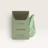 House of Holabox Stray Willow Green Smoothie facial mask in compostable packaging with a smear of green clay mask