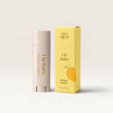 House of Holabox Stray Willow Mango Sorbet lip balm in a beige tube next to its yellow illustrated packaging box.