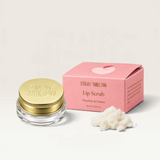 House of Holabox Stray Willow Peaches and Cream sugar lip scrub in a glass jar with gold lid and pink packaging box.
