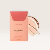 Facial mask powder in peach-pink packaging, Stray Willow Peach Tea, with elegant minimalist branding and clay swatches sealed.