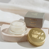 House of Holabox Stray Willow Peppermint Crème sugar lip scrub in a glass jar with gold lid and grey packaging box.