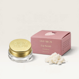 House of Holabox Stray Willow strawberry sugar lip scrub in a glass jar with gold lid and matching pink box.