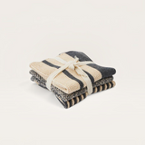 House of Holabox Amy knit cloths in a stack with cream and charcoal striped patterns tied with a ribbon