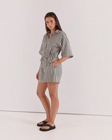 House of Holabox Ingrid tie waist playsuit in a black and white striped cotton blend with a collared neckline.