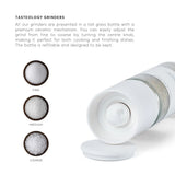 House of Holabox Tasteology gourmet pepper grinder showing adjustable ceramic mechanism with fine to coarse grind settings