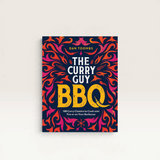 House of Holabox The Curry Guy BBQ cookbook featuring vibrant red and orange flame patterns on a dark blue cover.