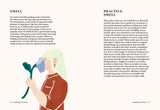 House of Holabox book page titled Smell featuring a minimalist illustration of a person smelling a blue flower.