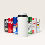 House of Holabox Huski white slim can cooler holding a beverage can surrounded by various slim drink cans