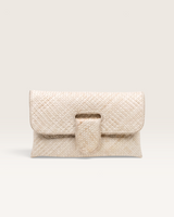 House of Holabox Kayu&Co. Willow envelope clutch in off-white handwoven pandan leaves with a magnetic snap closure.
