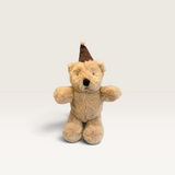 House of Holabox And the Little Dog Laughed Wilma Bear in soft caramel plush with a brown corduroy party hat.
