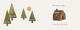 House of Holabox Your Forest board book page showing whimsical green trees with eyes and a brown cabin illustration
