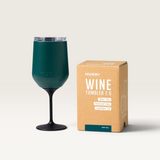 House of Holabox Huski Wine Tumbler 2.0 in deep teal with detachable stem and lid next to its product packaging box.