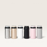 Huski Slim Can Cooler in assorted colours including silver, gold, white, black, pink, and grey with matte finish and black soft-touch silicone tops.
