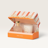 House of Holabox Palm Beach Collection candle and diffuser set in Cabana Cocktail fragrance in a striped gift box.