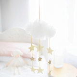 Alimrose ivory tulle cloud nursery mobile with hanging sparkling gold stars for a dreamy celestial room decor.