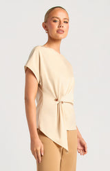 Saddie batwing sleeve top in cream satin featuring an organic side ring bead detail and a round neckline.