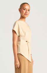 Saddie batwing sleeve top in cream satin featuring an organic side ring bead detail and round neckline.