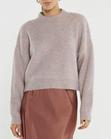 Pink marle wool-blend pointelle jumper with a relaxed fit, dropped shoulders, and wide ribbed neckline.