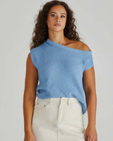Blue Jaci knit top featuring an asymmetrical neckline, soft moss knit texture, and a comfortable, sleeveless fit.