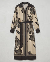 June midi shirt dress in beige with black floral print, contrast collar, button front, and matching waist tie belt.
