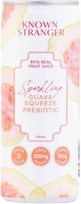 A 250mL can of Known Stranger Sparkling Guava Squeeze Prebiotic fruit juice, featuring a white label with pink and green guava illustrations and orange text accents.