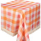 ‘Kollab’ Fringed Tablecloth-Watermelon Peach Check-House of Holabox