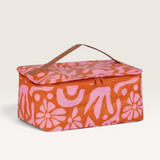 House of Holabox Kollab toiletry stash bag in orange and pink floral print with a carry handle and zip closure.