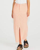 Peach-colored 100% cotton maxi pencil skirt with a front button fastening, straight design, and four pockets.