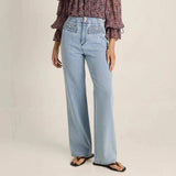 Light blue high-rise straight-leg jeans with gold-tone button accents and textured front pocket panels.