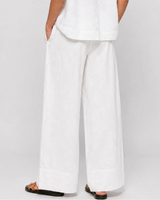Linen Blend Elastic Drawstring Waist Pants - White -House of Holabox