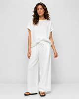 Linen Blend Round Neck Top - White -House of Holabox