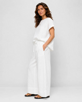 Linen Blend Round Neck Top - White -House of Holabox