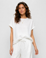 Linen Blend Round Neck Top - White S -House of Holabox