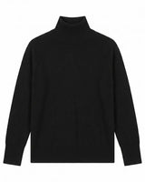 Black high-neck knit sweater with long sleeves and ribbed trim in a soft, premium blend fabric.