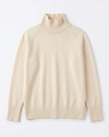 Cream high neck knit sweater with ribbed collar, cuffs, and hem, featuring subtle raglan sleeve detailing.