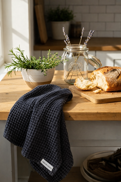 'Mama and Tochter'  100% Organic Cotton Rustic Waffle Tea Towel - Charcoal