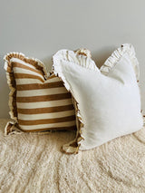'Mama and Tochter' Pure Linen Reversible Ruffle Cushion Cover - Wide Toffee Stripe/ Warm White-House of Holabox