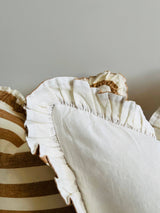 'Mama and Tochter' Pure Linen Reversible Ruffle Cushion Cover - Wide Toffee Stripe/ Warm White-House of Holabox