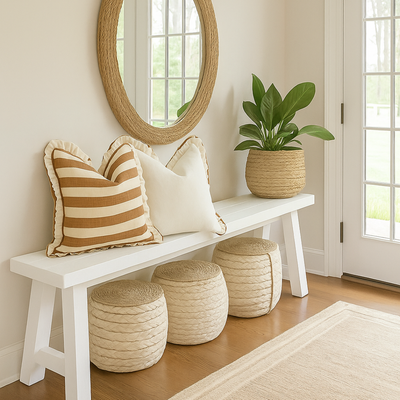 'Mama and Tochter' Pure Linen Reversible Ruffle Cushion Cover - Wide Toffee Stripe/ Warm White