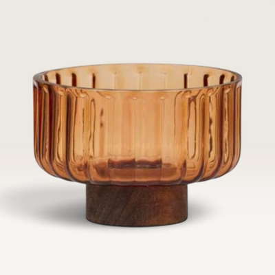 Mardin Glass & Wood Footed Bowl – Amber 14cm