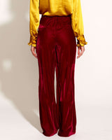 Mustang Sally wide-leg velvet pants in deep red with an elasticated back waistband.