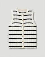 Betty Basics Nicolette knit vest in black and white stripe with a button-through front and textured rib detailing.